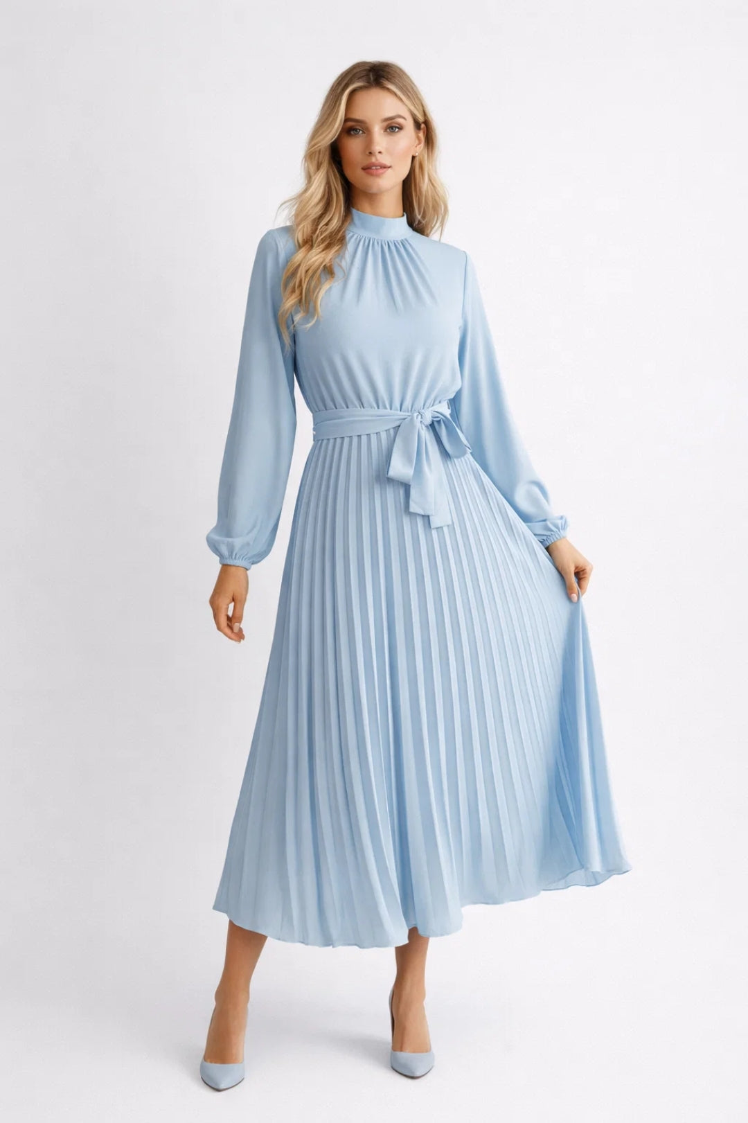 Midi Jurk voor Dames met Geplooide Rok en Hoge Hals - StudioMarella