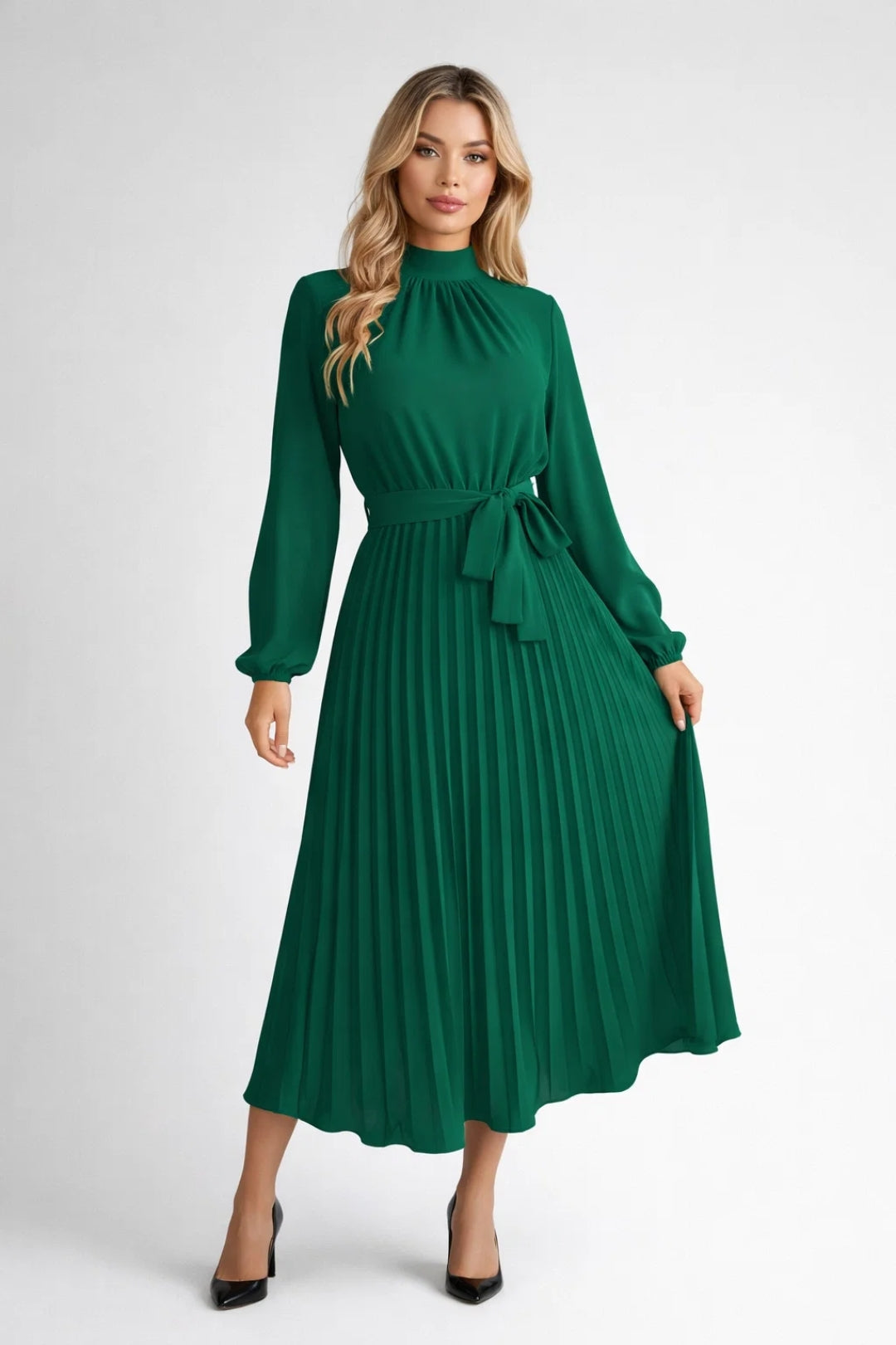 Midi Jurk voor Dames met Geplooide Rok en Hoge Hals