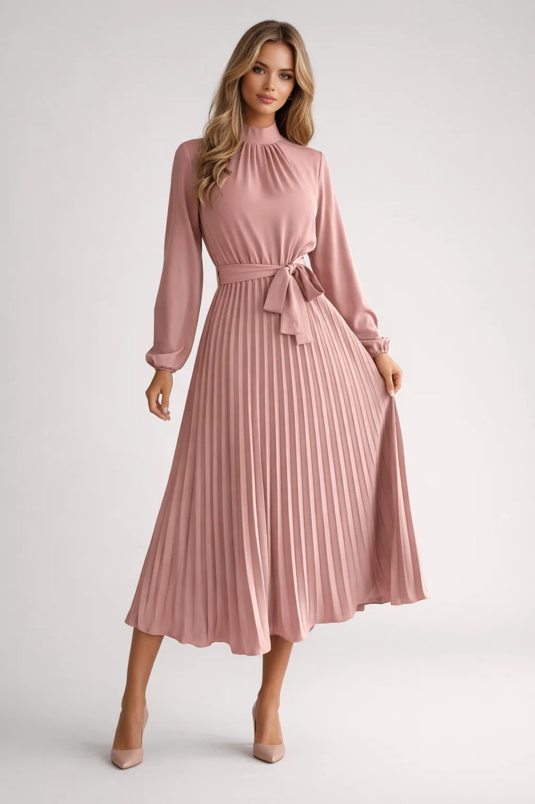 Midi Jurk voor Dames met Geplooide Rok en Hoge Hals