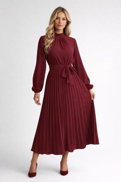 Midi Jurk voor Dames met Geplooide Rok en Hoge Hals