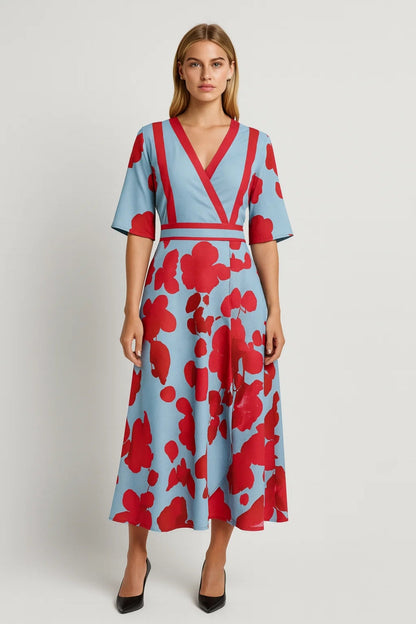 Midi Jurk Dames Zomer Bloemenprint Korte Mouwen V-hals