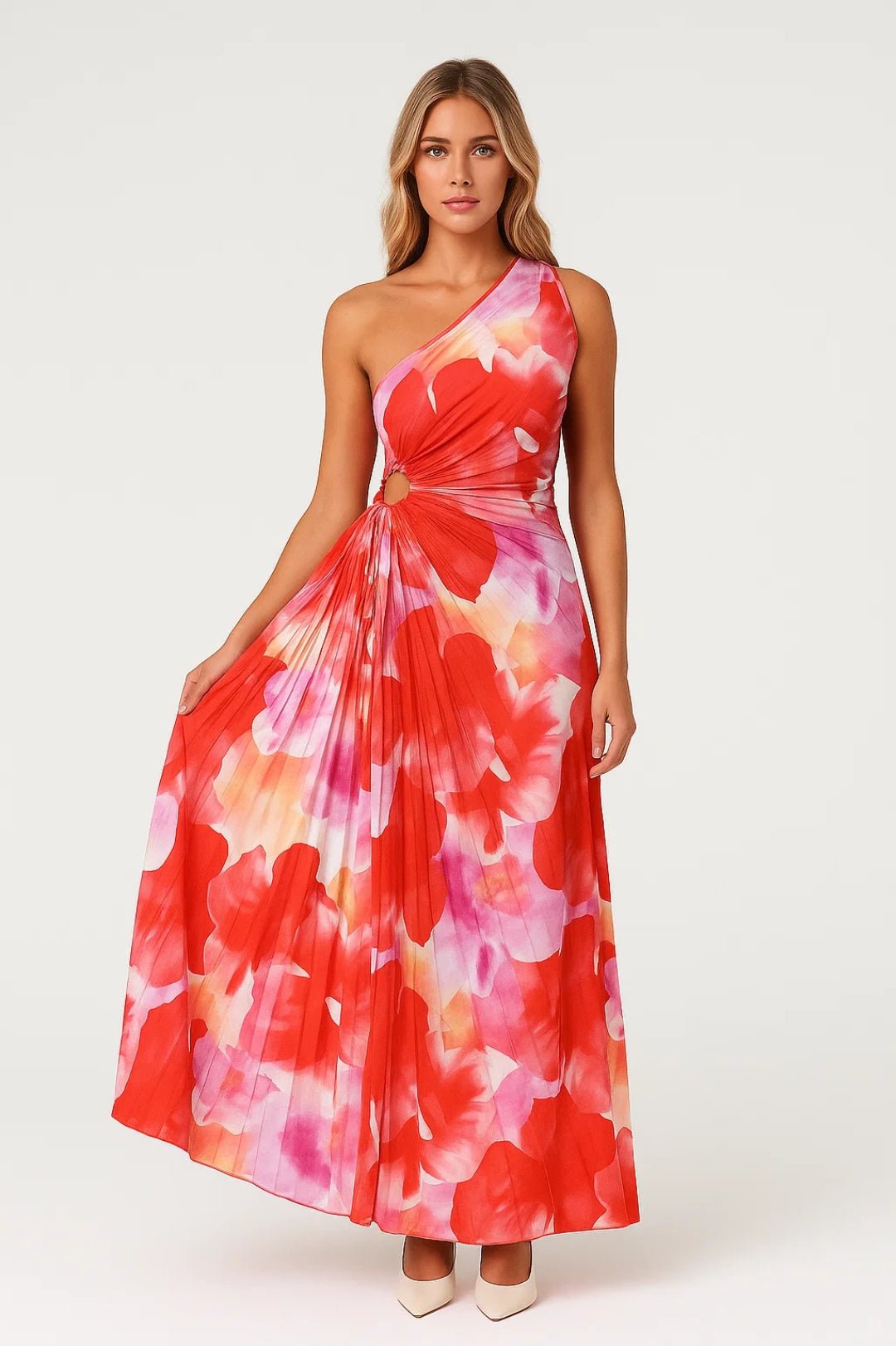 Elegante Maxi Jurk Dames One Shoulder Bloemenprint - StudioMarella