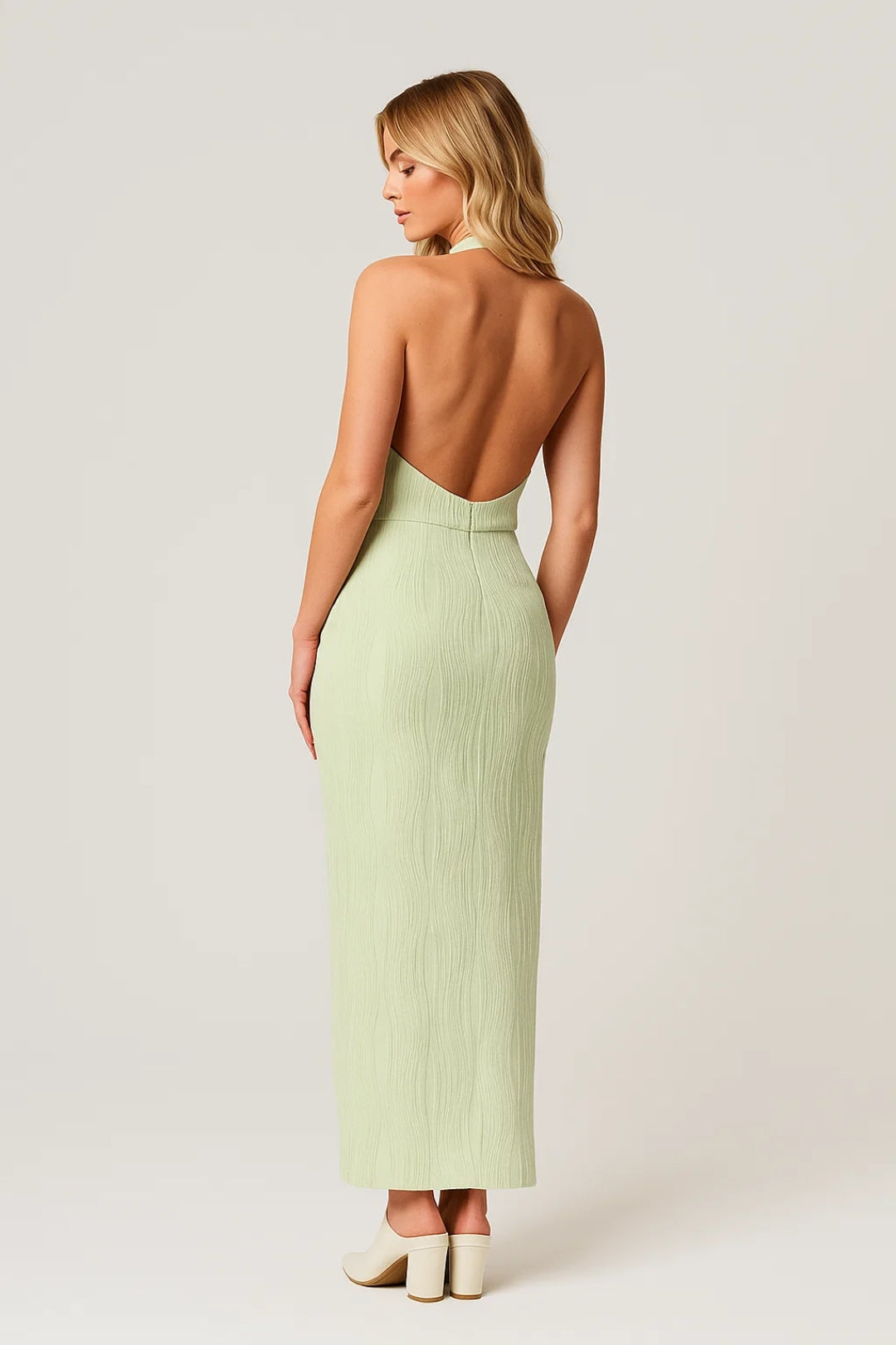 Midi Jurk Dames Halterneck met Open Rug en Diepe Spleet