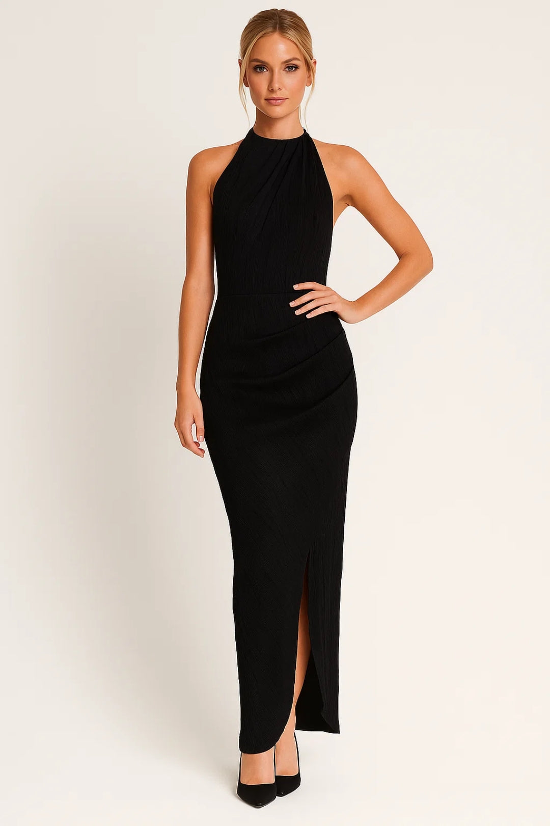 Midi Jurk Dames Halterneck met Open Rug en Diepe Spleet