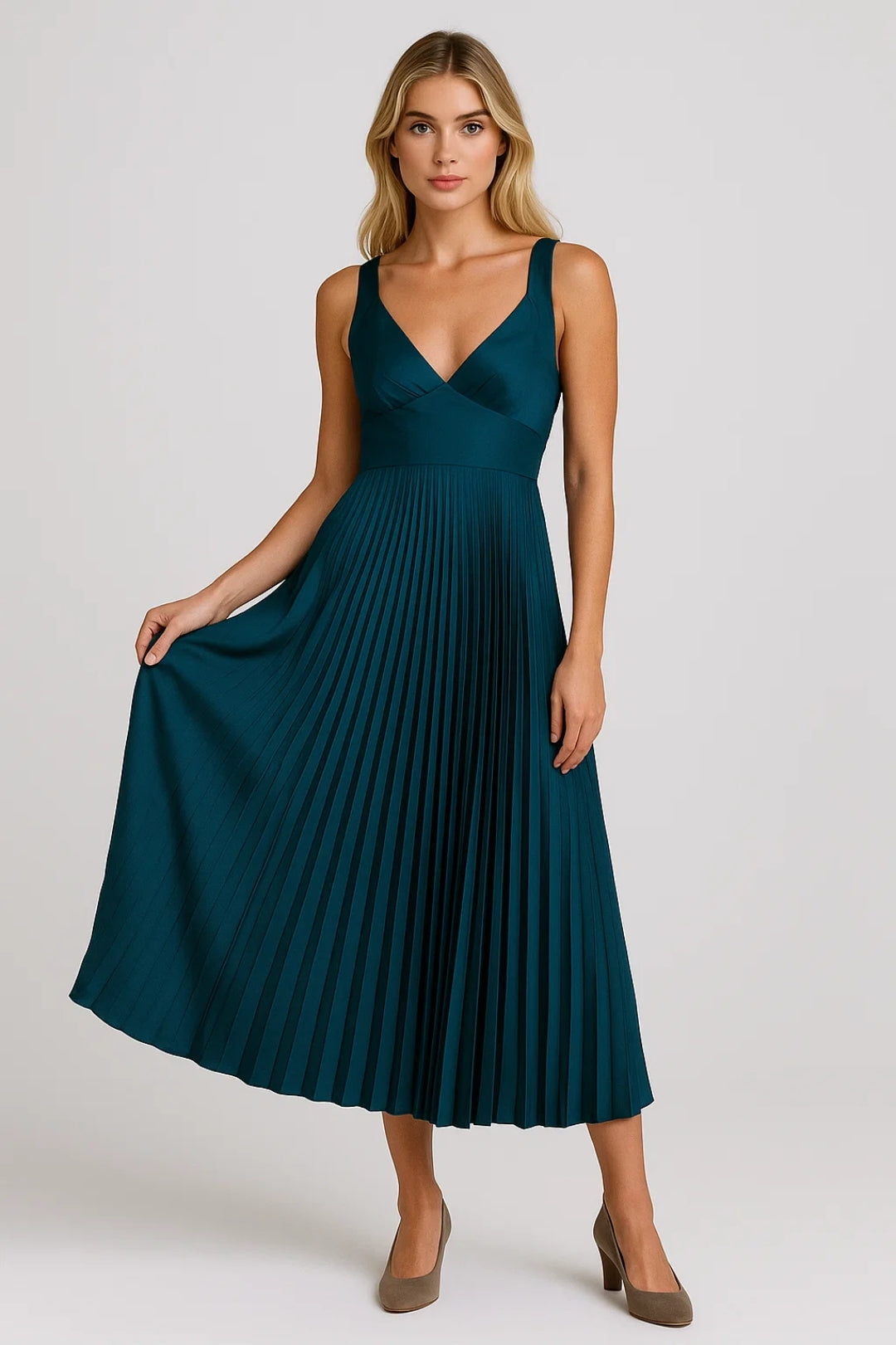 Elegante Maxi Jurk Dames met V-hals en Geplooide Rok