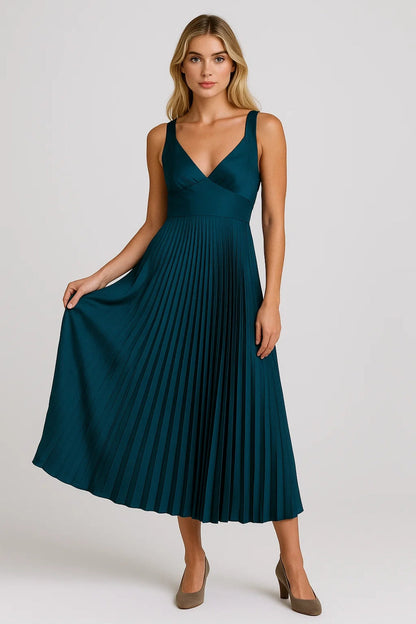 Elegante Maxi Jurk Dames met V-hals en Geplooide Rok