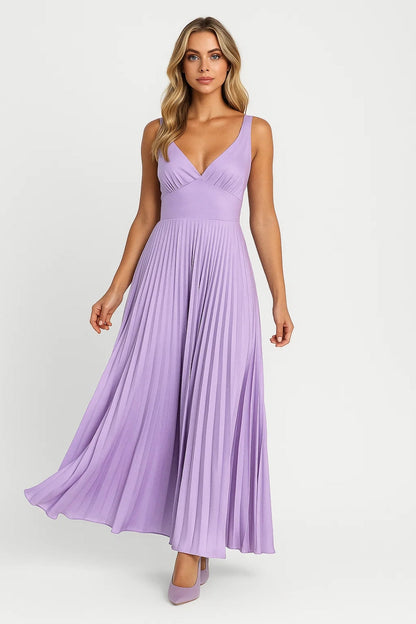 Elegante Maxi Jurk Dames met V-hals en Geplooide Rok