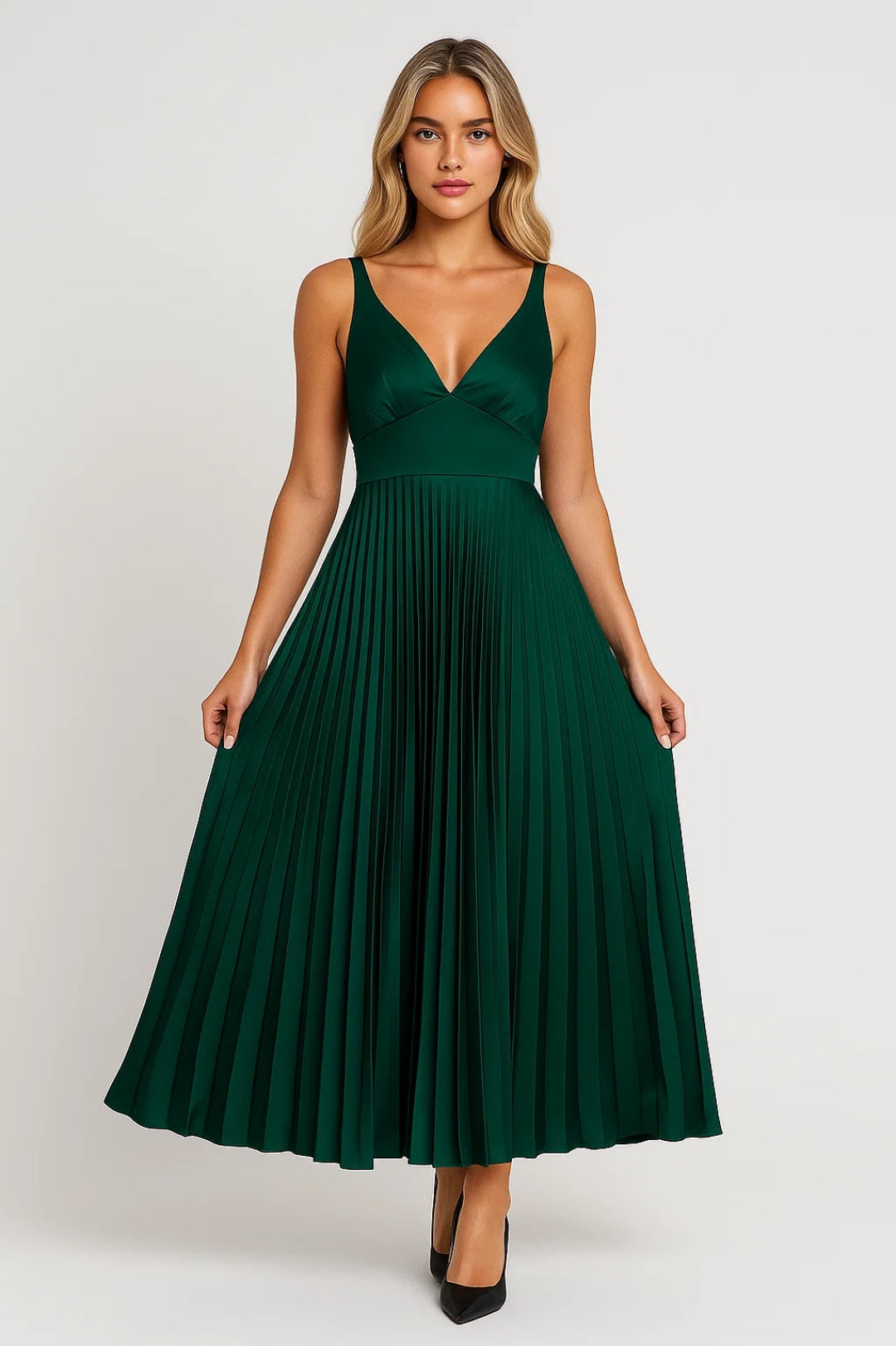 Elegante Maxi Jurk Dames met V-hals en Geplooide Rok