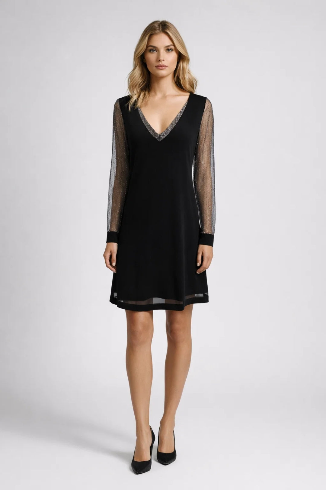 Dames Mini Jurk met V-hals en Lange Doorzichtige Mouwen Elegant