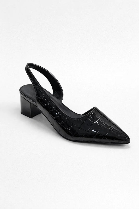 Dames Slingback Schoenen Puntneus Blokhak Elegant Zwart - StudioMarella