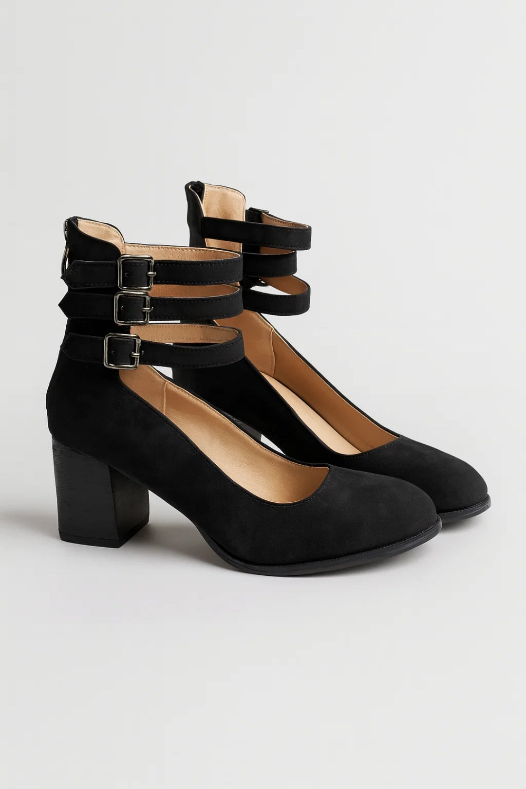Dames Pumps met Hoge Blockhak en Drievoudige Enkelband Elegant