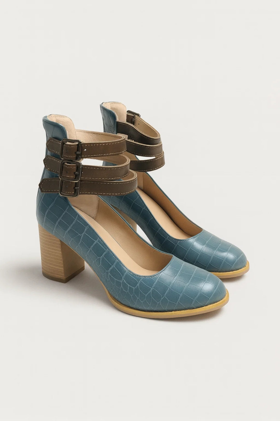 Dames Pumps met Hoge Blockhak en Drievoudige Enkelband Elegant