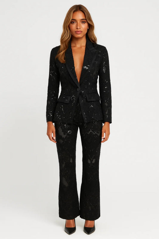 Dames Blazer Set - Tailleur met Wijde Broek en Bloemenprint - StudioMarella