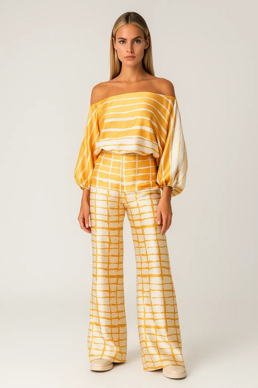 Dames Pantalon Set - Off Shoulder Top met Wijde Broek Elegant Zwart - StudioMarella