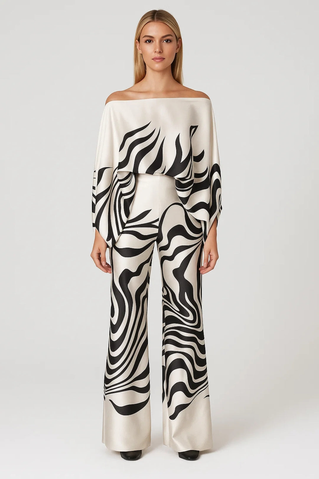 Dames Pantalon Set - Off Shoulder Top met Wijde Broek Elegant Zwart