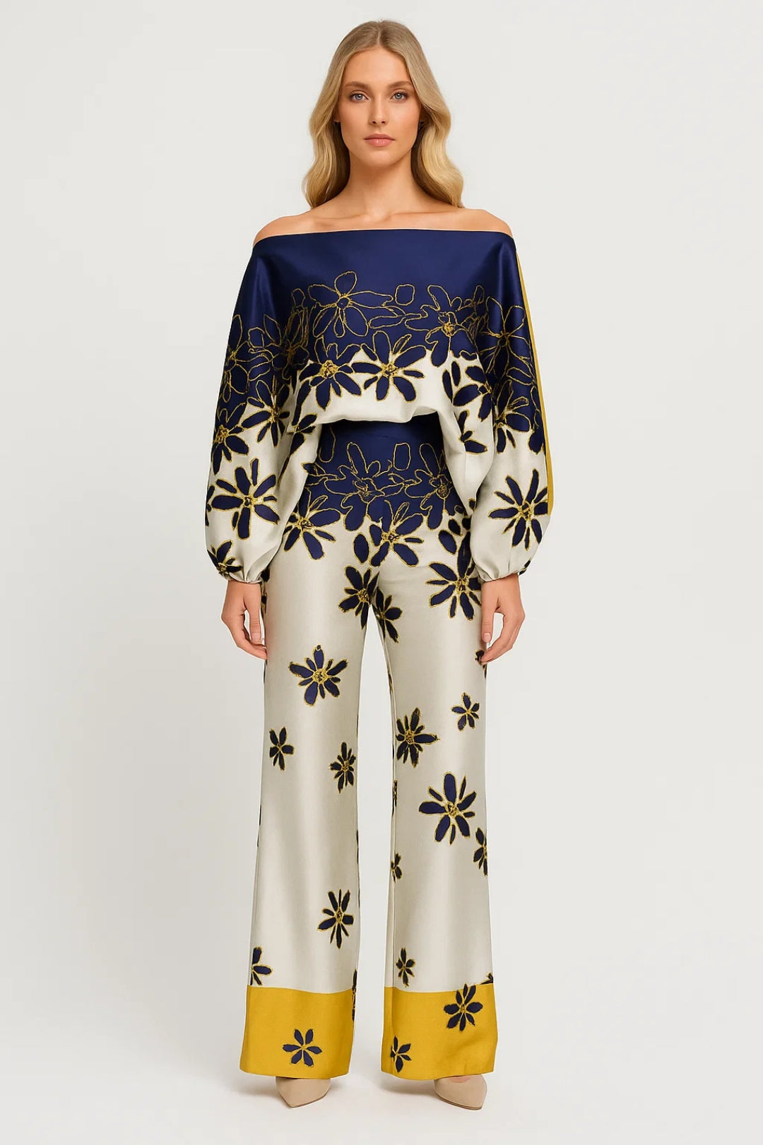Dames Pantalon Set - Off Shoulder Top met Wijde Broek Elegant Zwart