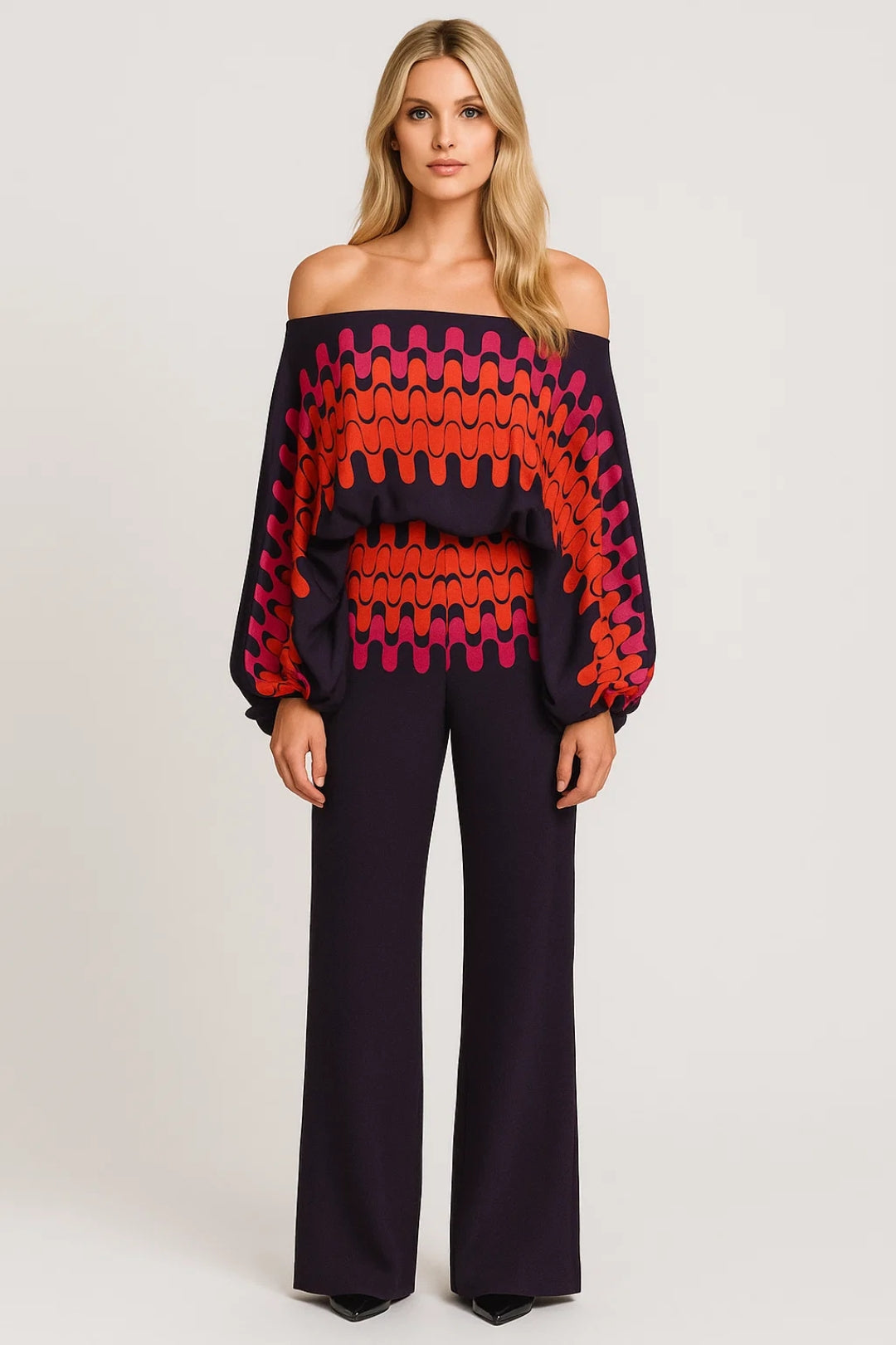 Dames Pantalon Set - Off Shoulder Top met Wijde Broek Elegant Zwart