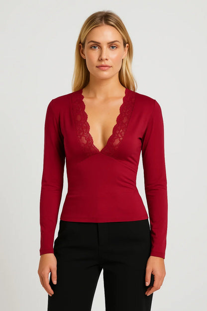 Dames Trui Lange Mouw V-hals met Kant Detail Elegant