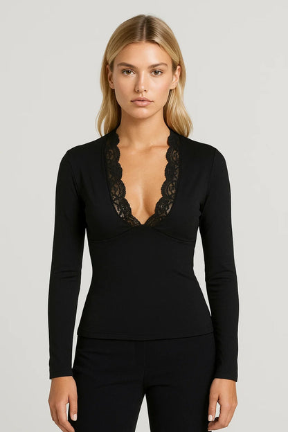 Dames Trui Lange Mouw V-hals met Kant Detail Elegant