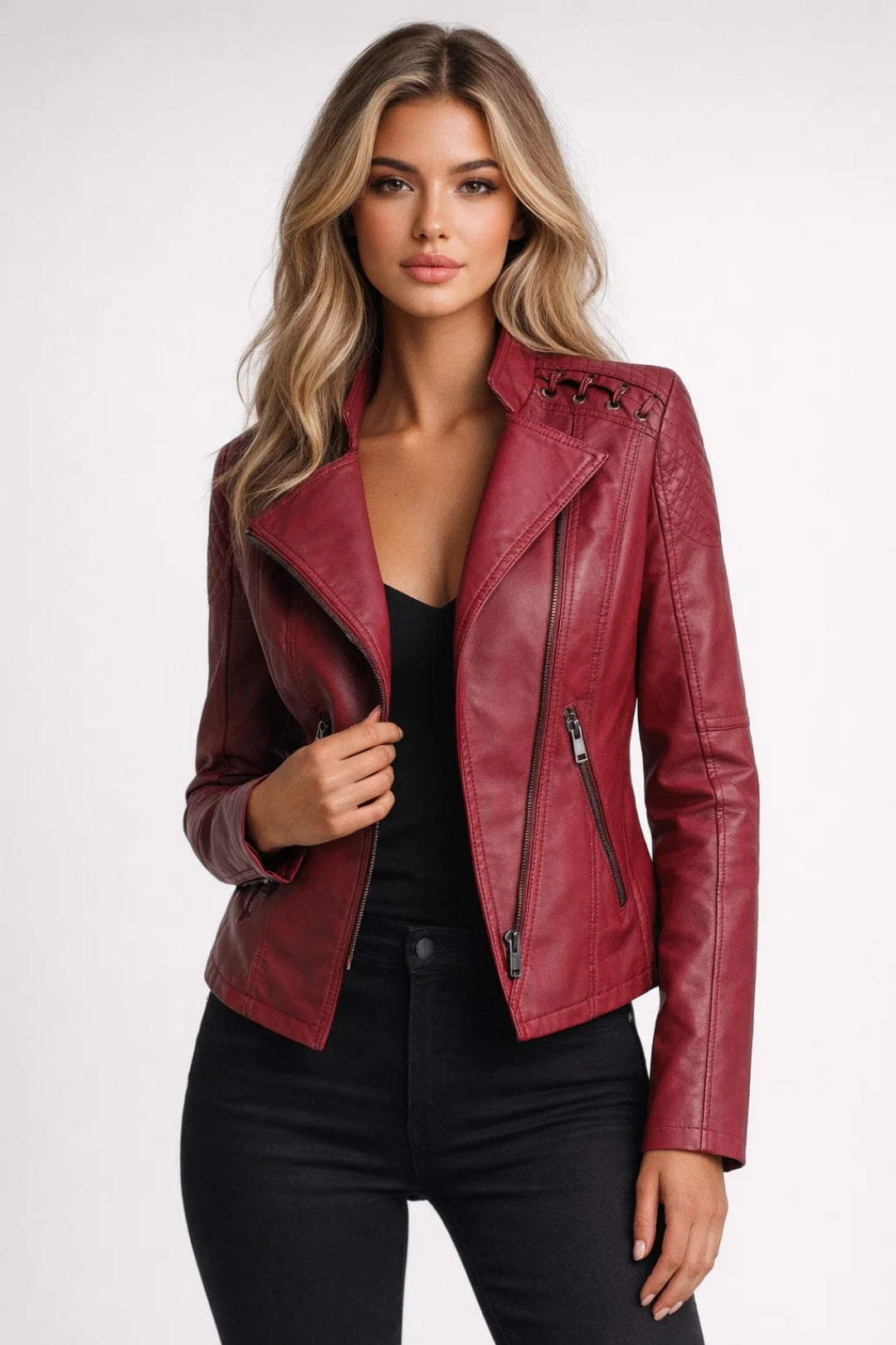 Leren Bikerjas Dames Getailleerd Asymmetrisch Casual - StudioMarella