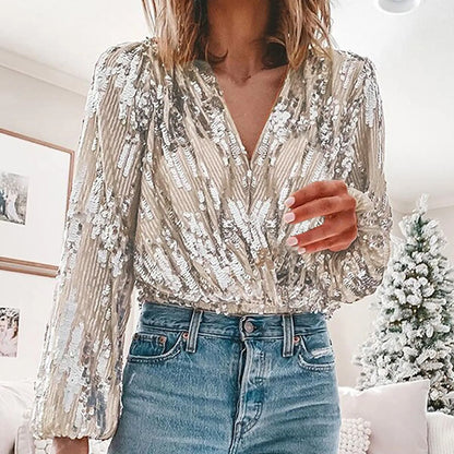Dames Blouse V-Hals Glitter Pailletten - StudioMarella