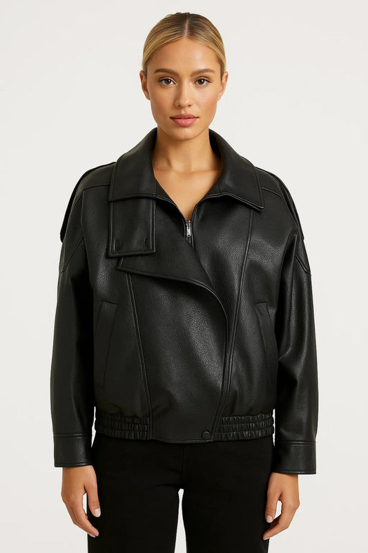 Dames Bikerjas Oversized met Schuine Rits en Brede Revers Stoer - StudioMarella