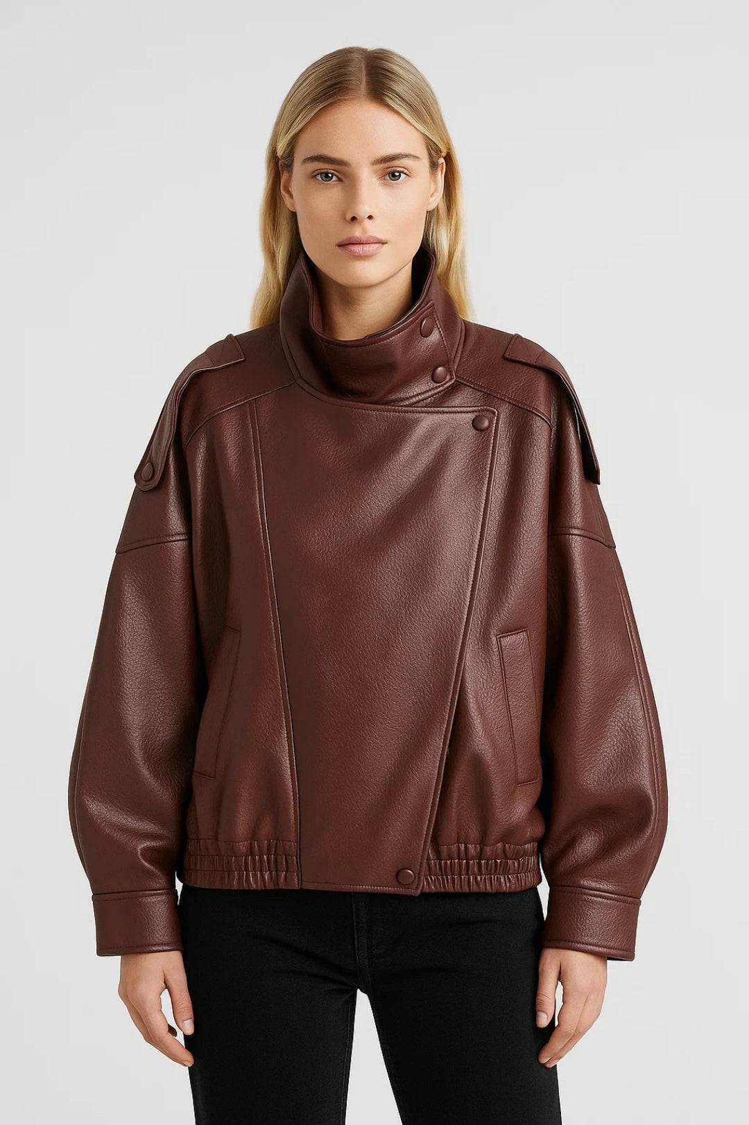 Dames Leren Jas Oversized Asymmetrisch met Staande Kraag Casual - StudioMarella