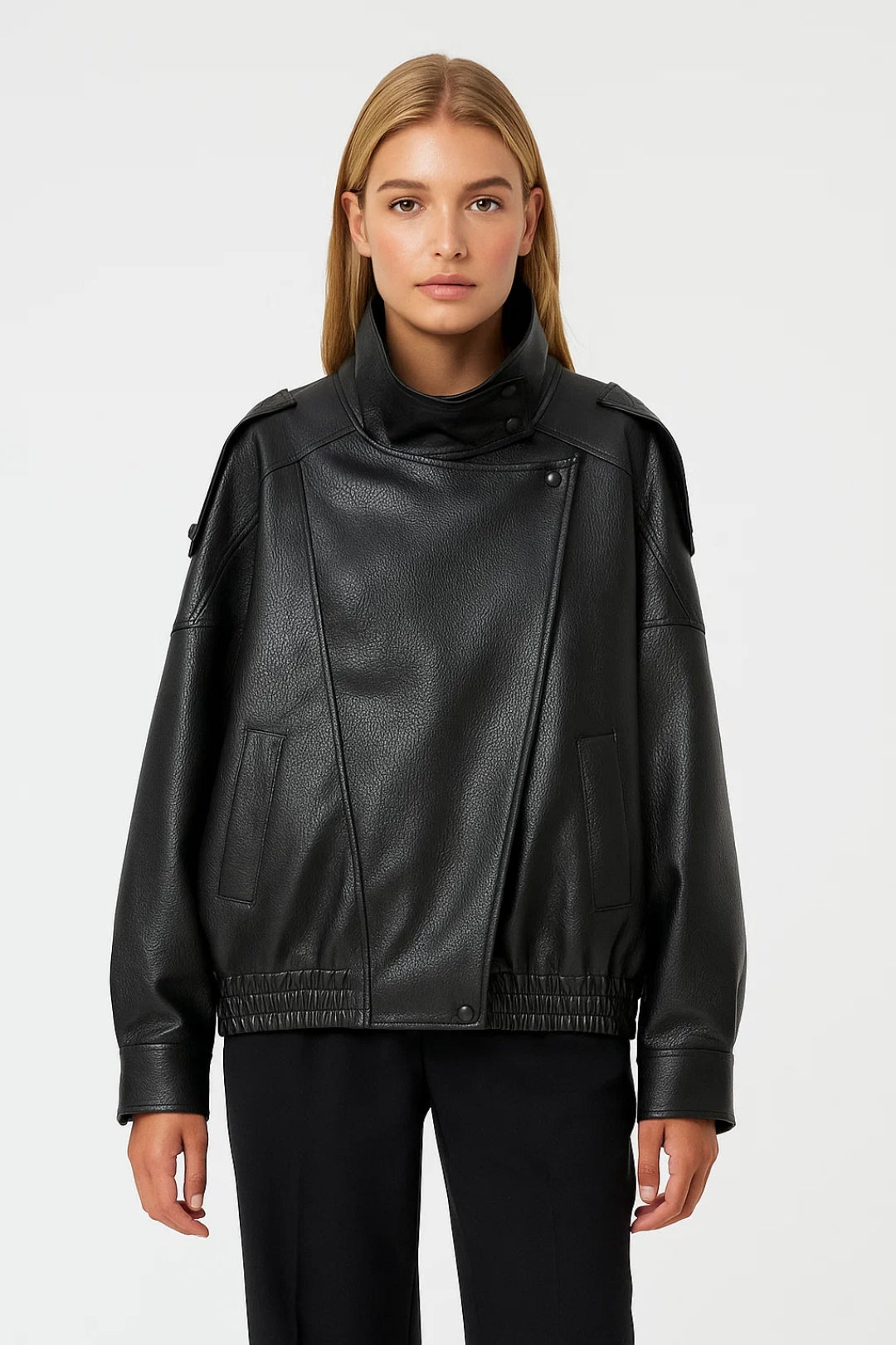 Dames Leren Jas Oversized Asymmetrisch met Staande Kraag Casual