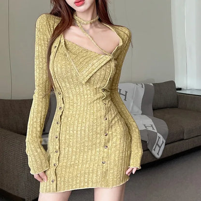 Korte Vrouwen Jurk Lange Mouw Solide Kleur Halter Model