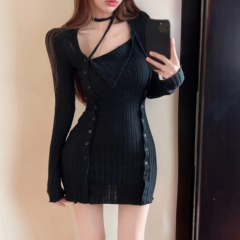 Korte Vrouwen Jurk Lange Mouw Solide Kleur Halter Model