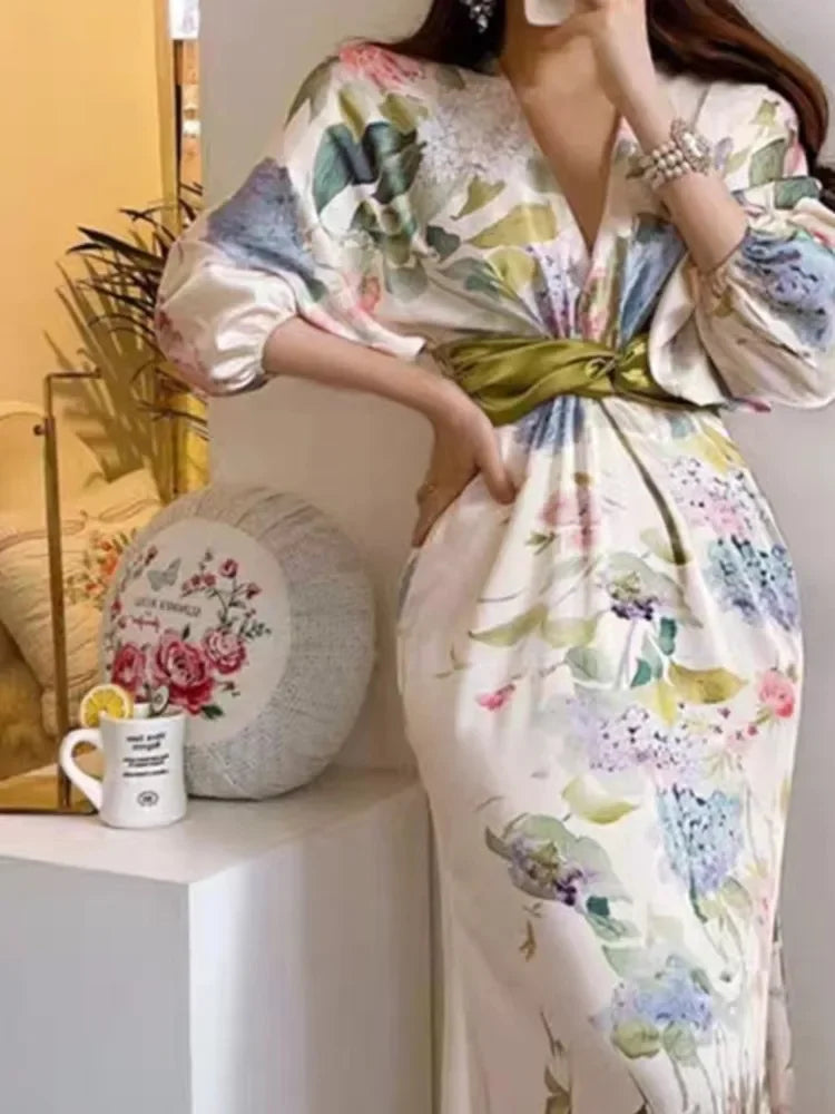 Vrouwelijke Midi Jurk Bloemenprint Vintage Stijl