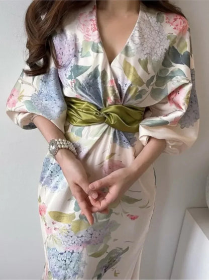 Vrouwelijke Midi Jurk Bloemenprint Vintage Stijl