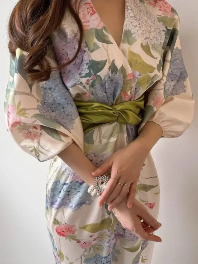 Vrouwelijke Midi Jurk Bloemenprint Vintage Stijl