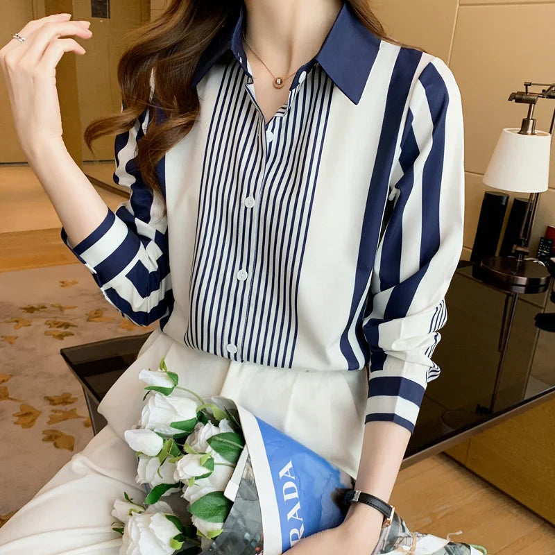 Blouse Blauw Gestreept Vrouwelijk Elegant Model - StudioMarella