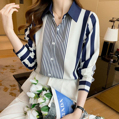 Blouse Blauw Gestreept Vrouwelijk Elegant Model - StudioMarella