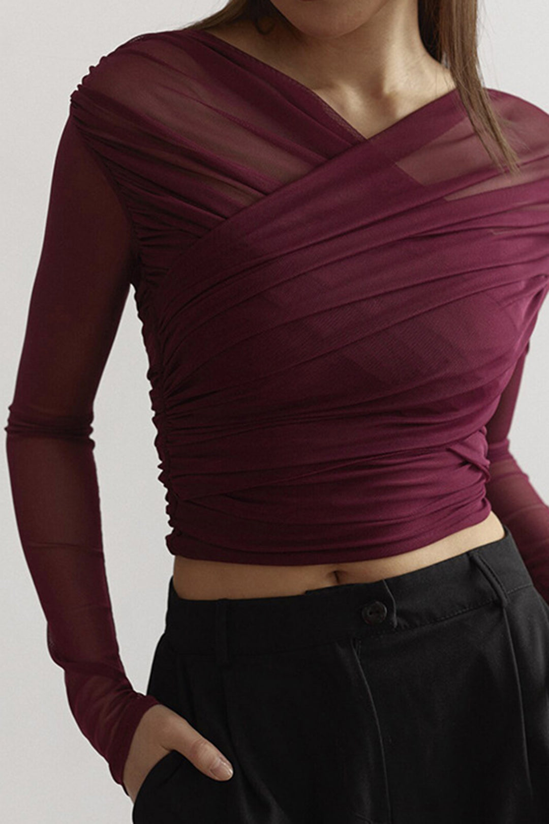 Damestop met Ruches | Mesh Lange Mouwen 1