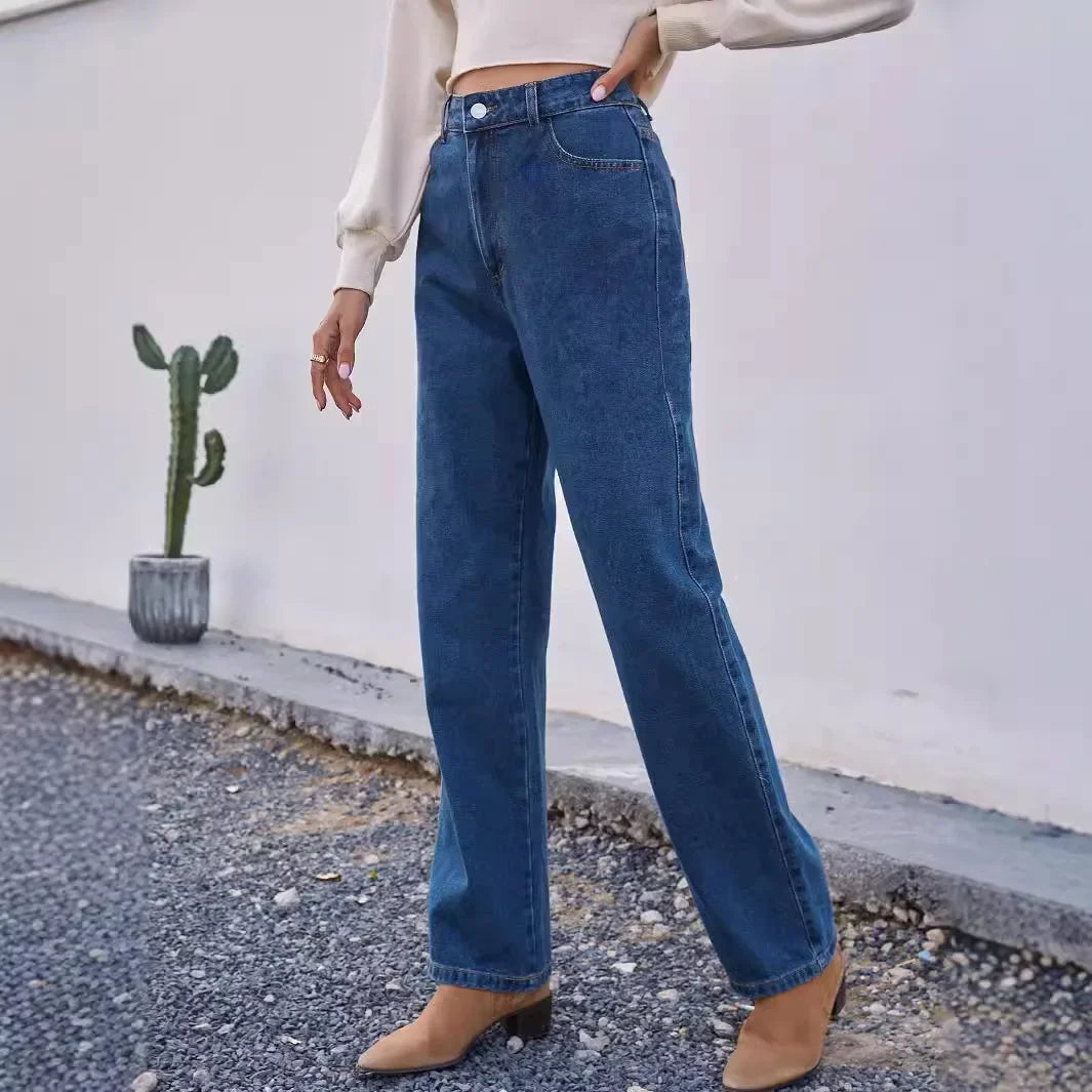 Donkerblauwe High WaistStraight Fit Jeans Dames - StudioMarella