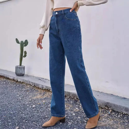 Donkerblauwe High WaistStraight Fit Jeans Dames - StudioMarella