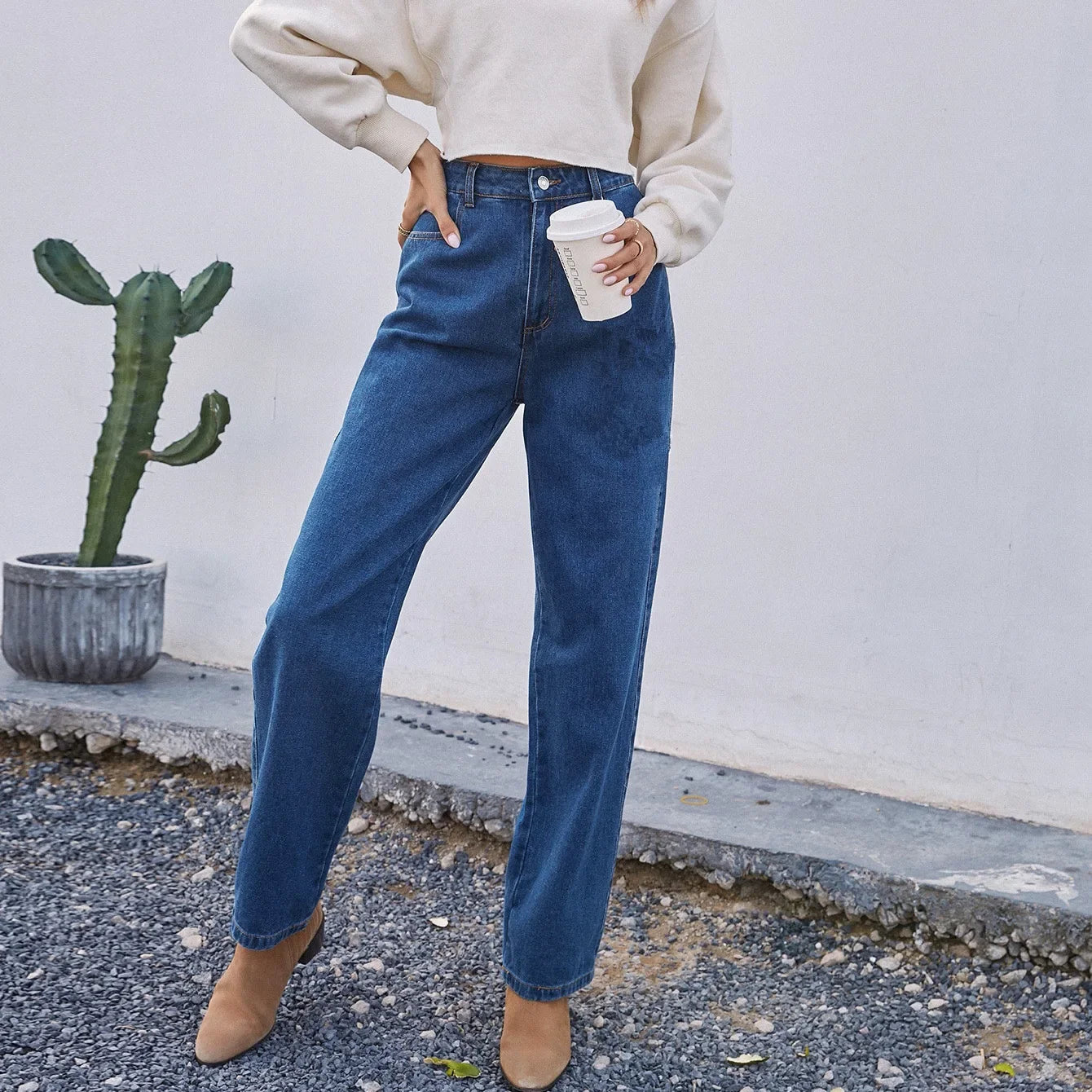 Donkerblauwe High WaistStraight Fit Jeans Dames