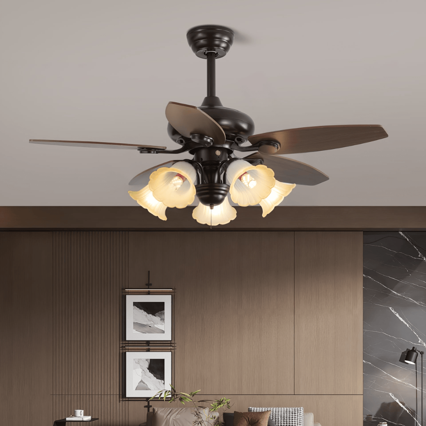 Vintage plafondventilator met verlichting en afstandsbediening in hout en glas — 3 of 5 lampen