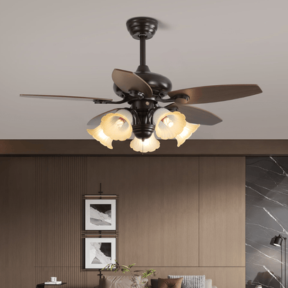 Vintage Plafondventilator met Verlichting Florence | Hout en Glas | Landelijk Ontwerp | Ø107cm met 3 of 5 Lichtpunten | 6 Snelheden | LED Edison Dimbaar | Afstandsbediening Inclusief | Scandinavisch Design