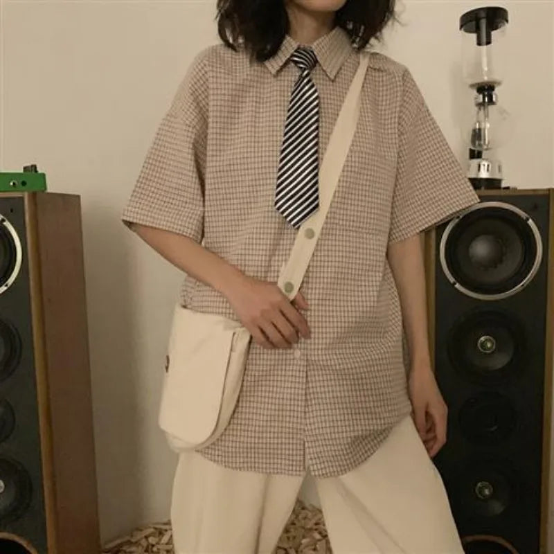 Vrouwelijke Oversized Geruite Blouse Zomerse Stijl