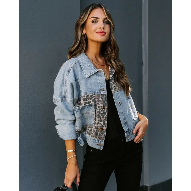Luipaard Jas Denim Stijlvol Trendy