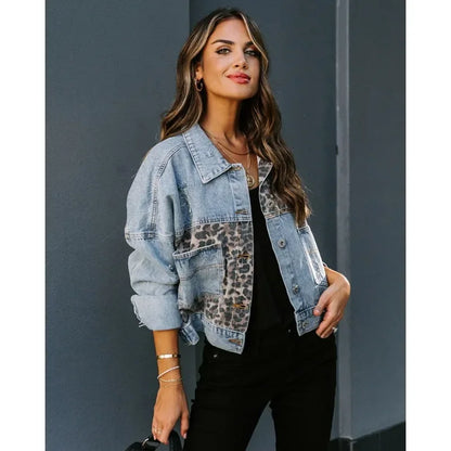 Luipaard Jas Denim Stijlvol Trendy