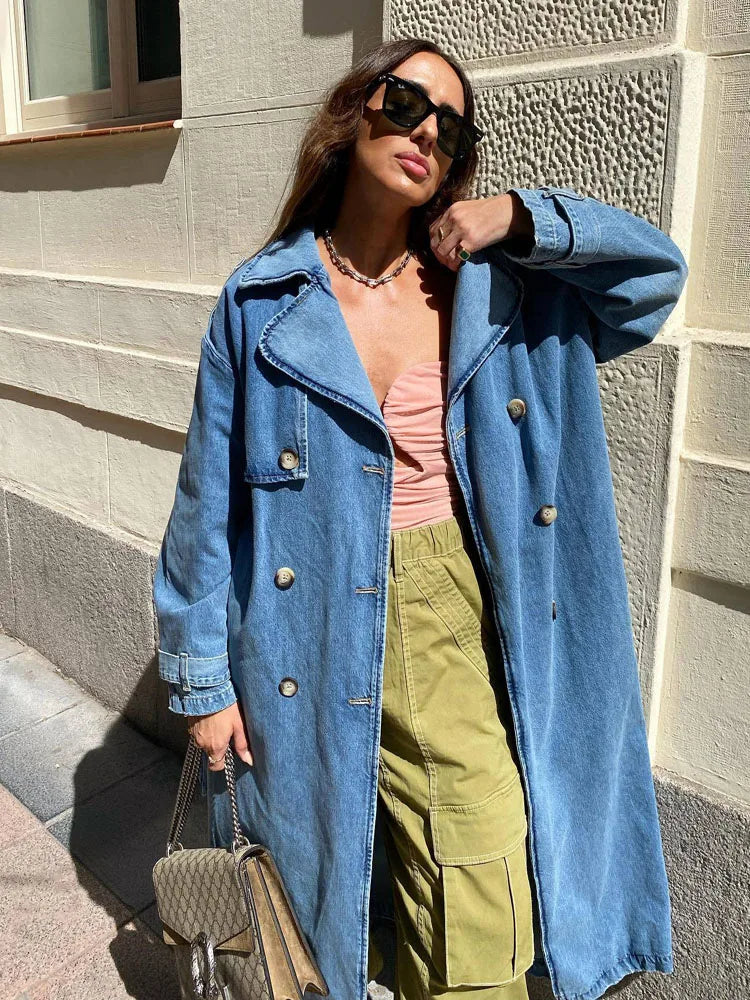 Blauwe Dames Trenchcoat Jeans Stijl