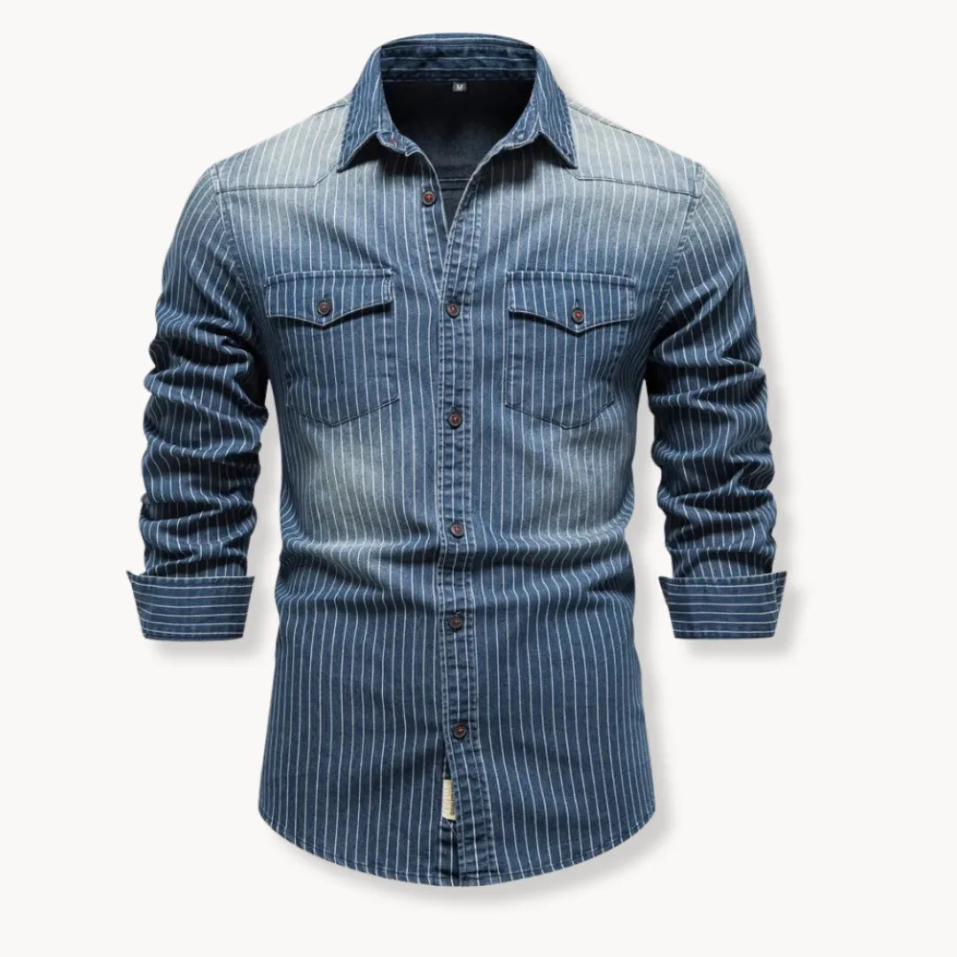 Mannen Overhemd Blauw Gestreept met Borstzakken - StudioMarella