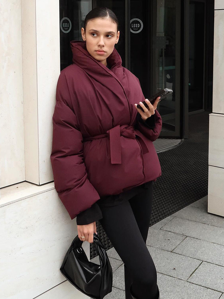 Dames Pufferjas Oversized met Tailleband en Hoge Kraag