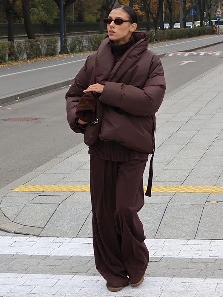 Dames Pufferjas Oversized met Ceintuur en Hoge Kraag