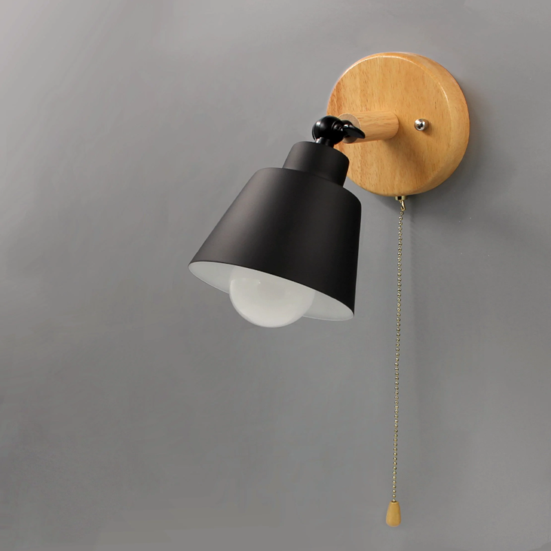 Wandlamp Hout Metaal Trekschakelaar Draaibaar E27 Mid-Century Slaapkamer Woonkamer