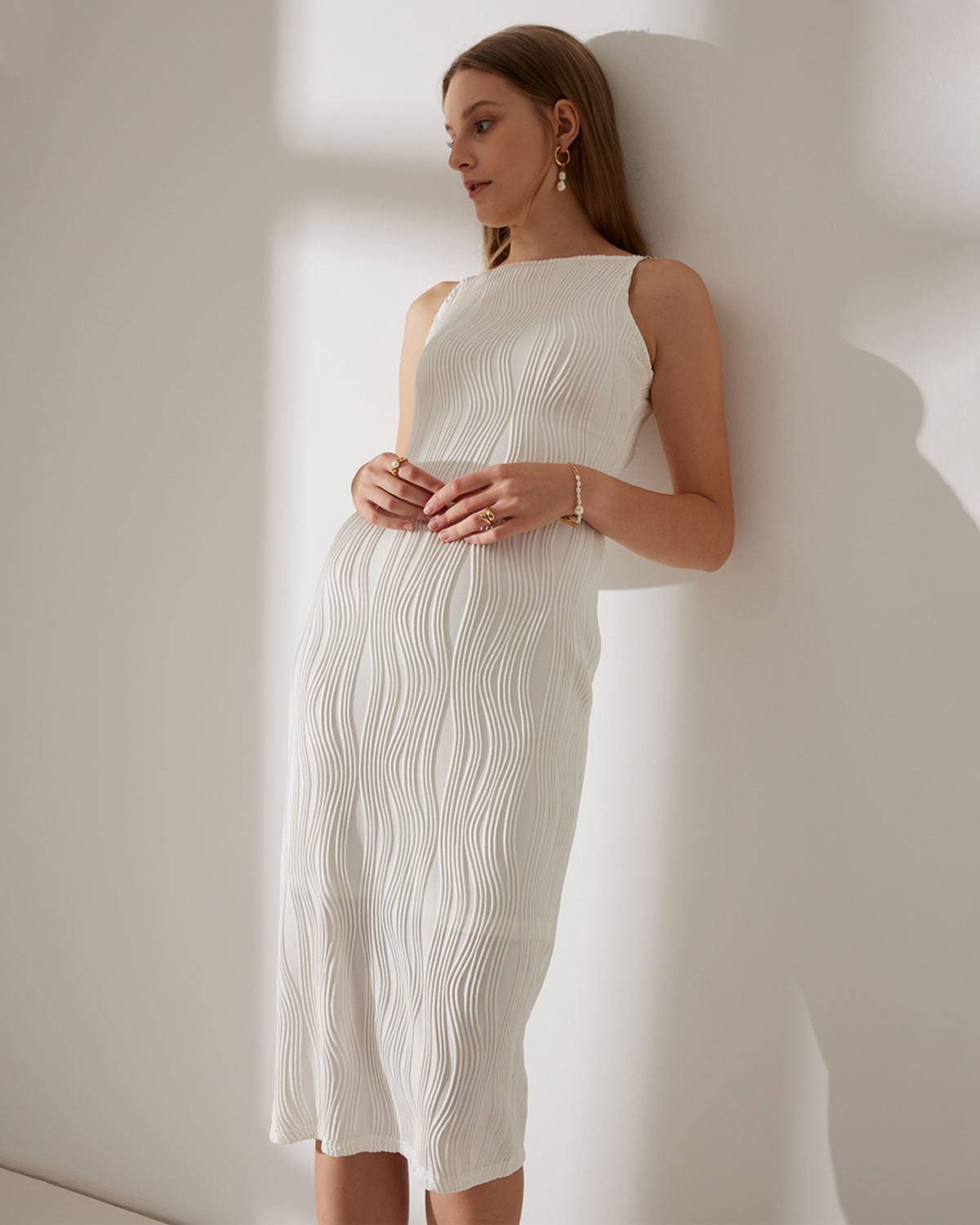 Diana | Dames Midi-Jurk - Elegante Waterrimpel met Parelbandjes 5
